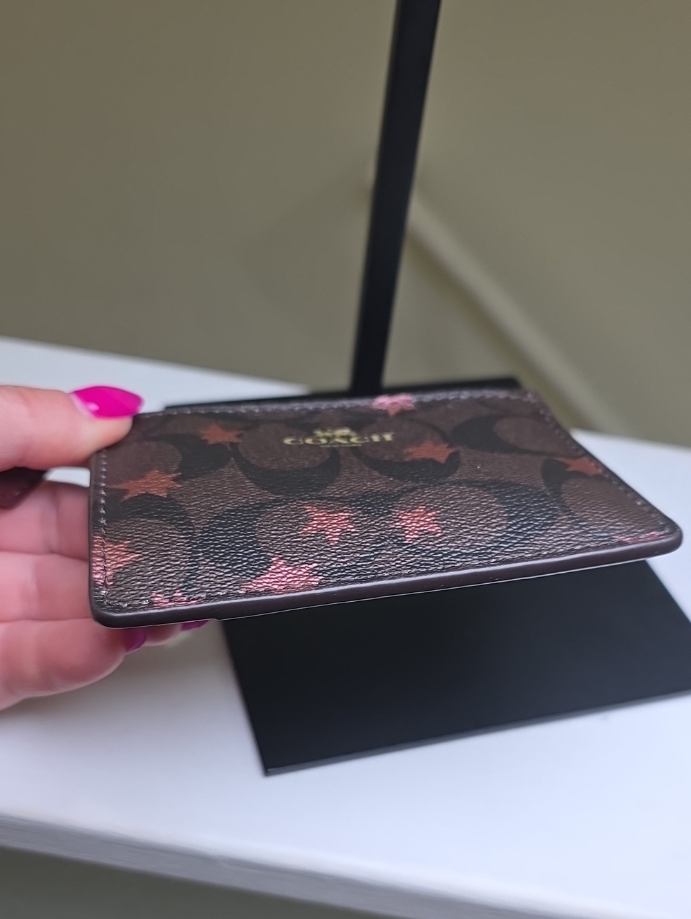 Coach F39047 Signature Canvas Card Holder Pop StarPrint Brown/Metallic Pink NWOT - Picture 4 of 10